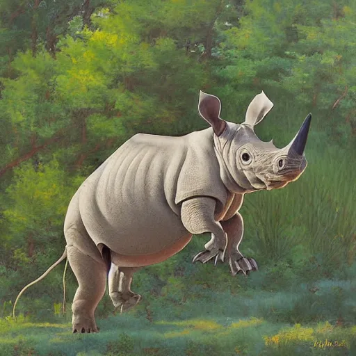 Image similar to a charles r. knight painting of a rhino / squirrel in its natural habitat