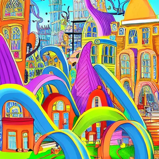 Image similar to fanciful city filled with curvy buildings, by dr seuss, oh the places you'll go, arches, platforms, towers, bridges, stairs, colorful kids book illustration