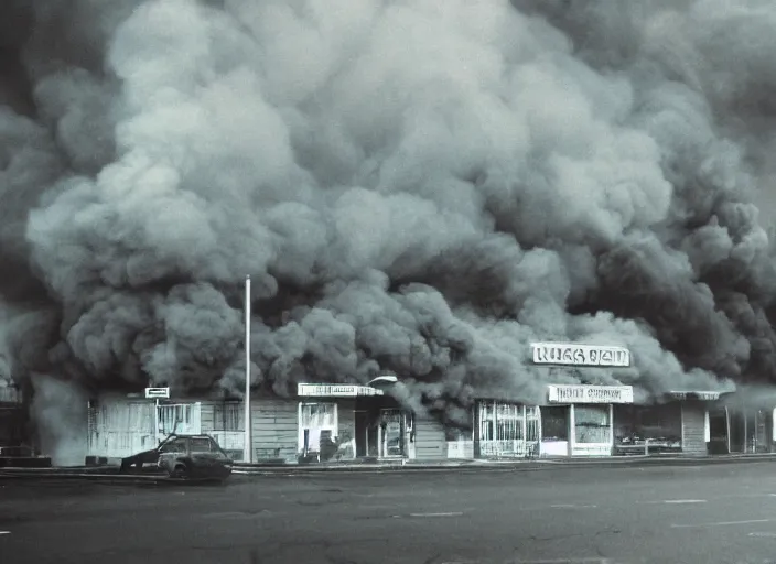 Prompt: an overexposed kodak 500 photograph of a bingo hall on fire, muted greenish blue colors
