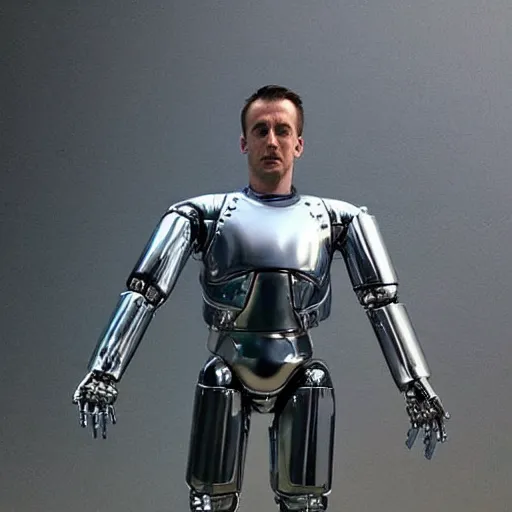 Image similar to “a realistic detailed photo of a guy who is the t-1000 terminator robot, composed of liquid metal, or a mimetic polyalloy nanorobotics, who is a male android, Chris Evans, posing like a statue, blank stare”