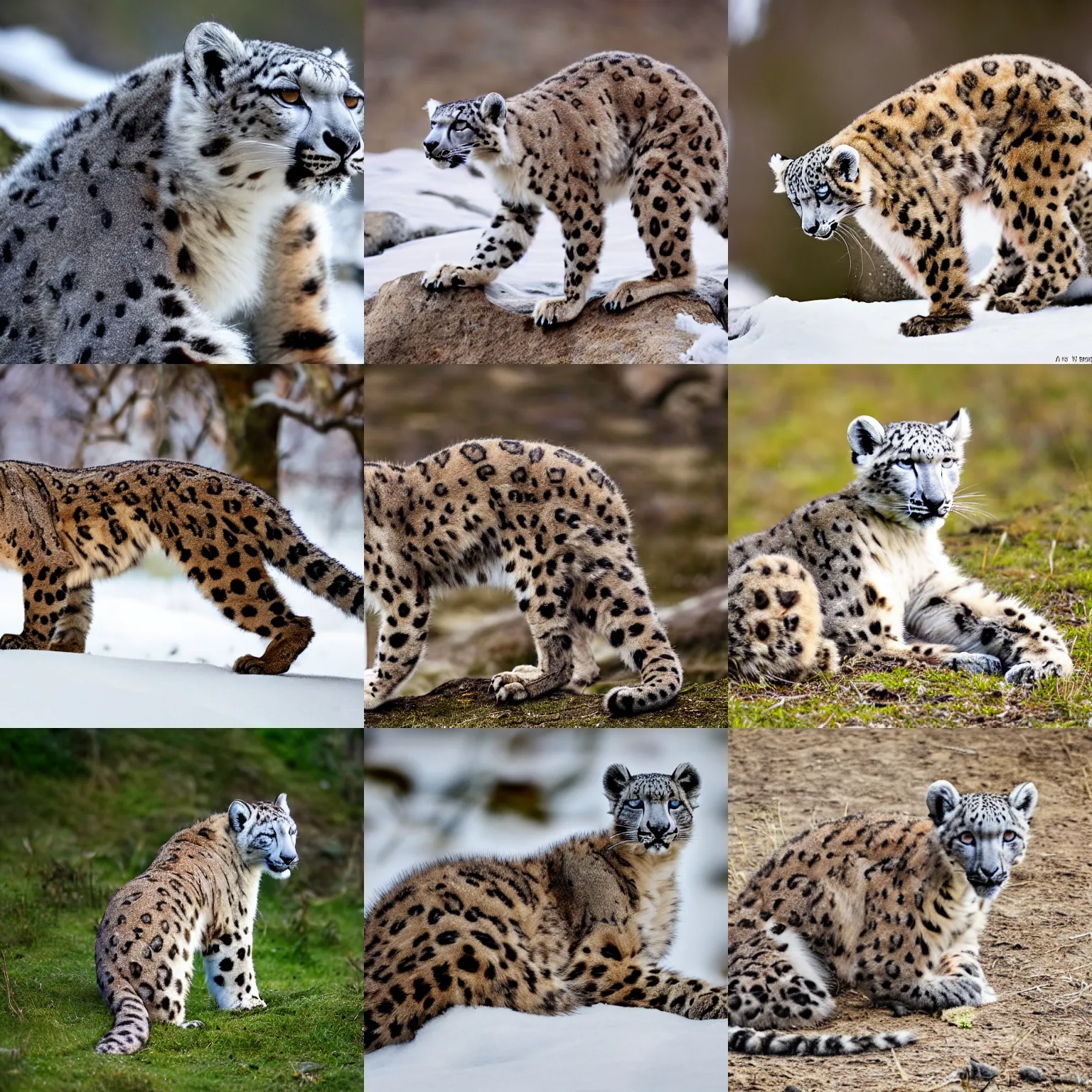Prompt: An animal with the body of a snow leopard, tail of a lemur, and ears of a hare, high quality nature photography, National Geographic, f2.8, 35mm lens.