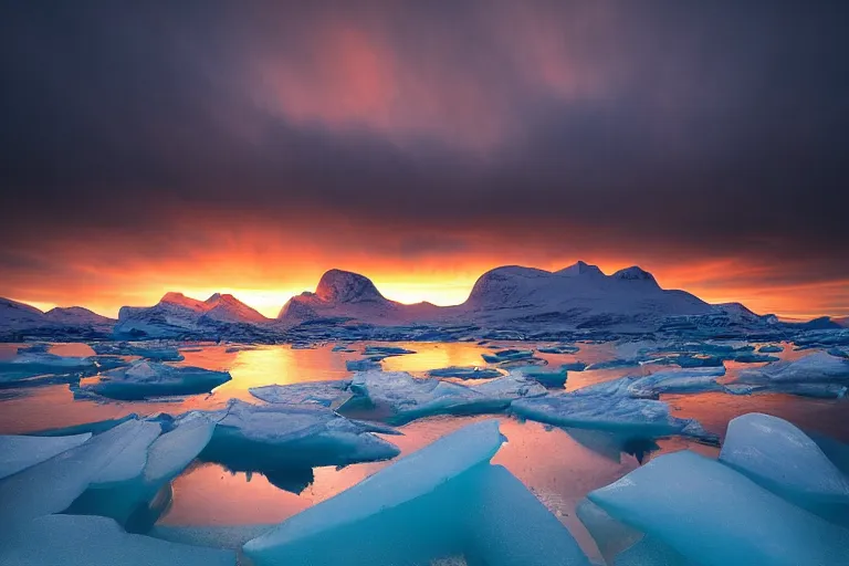 Image similar to moody landscape photography by marc adamus, greenland, sunset, ice