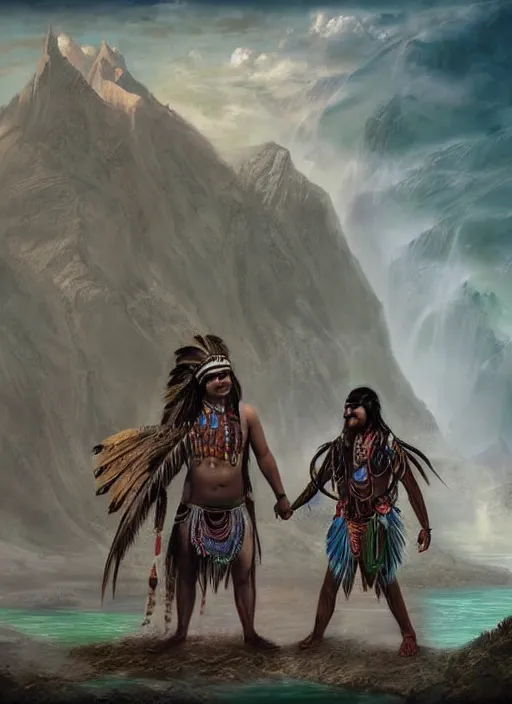 Prompt: two indigenous people trusting each other, fantasy art, matte painting, hightly detailed