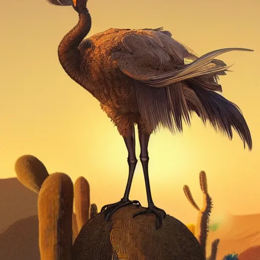 Image similar to A dodo bird perched atop a Saguaro cactus in the desert, full body, digital art, trending on Artstation, high detail, sharp focus, illustration, art by artgerm and greg rutkowski and alphonse mucha.