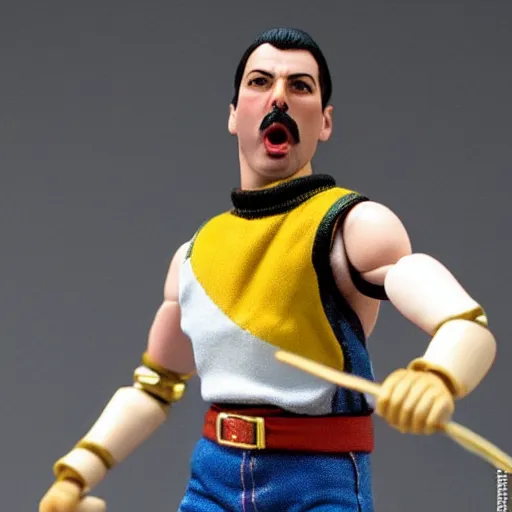 Prompt: freddie mercury action figure, well lit, studio light, painted action figure