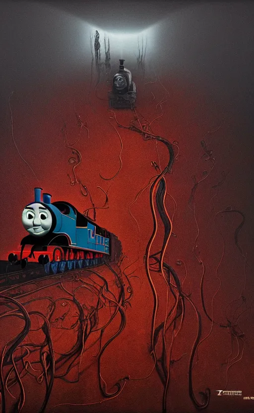 Image similar to thomas the tank engine in style of zdzisław beksinski, extremely dramatic lighting, 8 k, tendrils, black, darkness, black slime tendrils, infected, rust, body horror, thomas the train, thomas the tank engine face, horror,