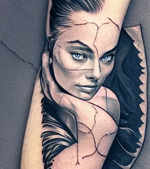 Image similar to tattoo design sketch of margot robbie and beautiful mountain scenery mash up, in the style of matyas halasz, surrealist, amazing detail, sharp