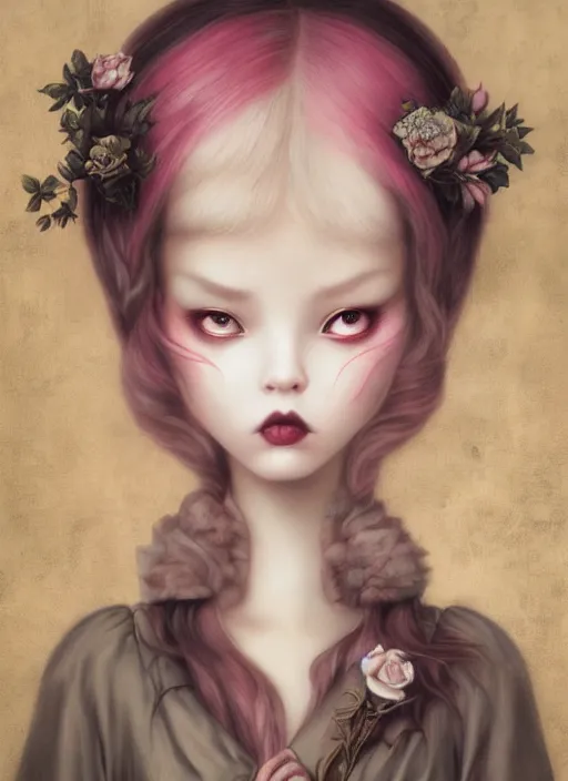 Image similar to pop surrealism, lowbrow art, realistic cute sitting alice girl painting, japanese street fashion, hyper realism, muted colours, rococo, natalie shau, loreta lux, tom bagshaw, mark ryden, trevor brown style,