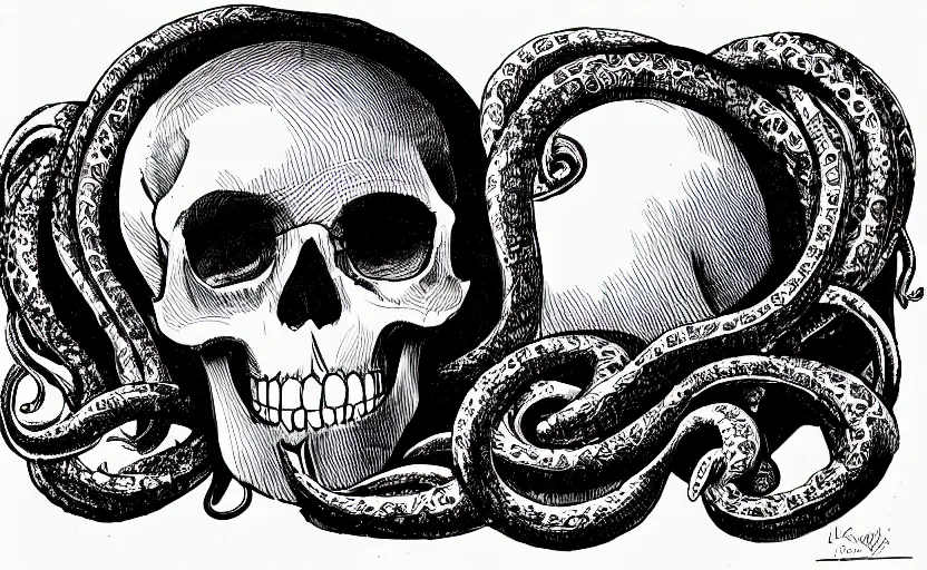 Prompt: a Skull encurcled by tentacles, ink on paper, crosshatch shading