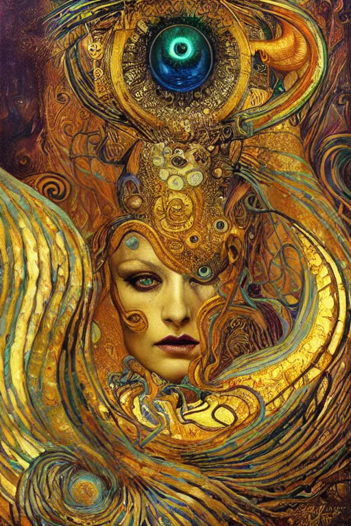 Image similar to Rebirth by Karol Bak, Jean Deville, Gustav Klimt, and Vincent Van Gogh, portrait of a sacred serpent, Surreality, radiant halo, shed iridescent snakeskin, otherworldly, fractal structures, arcane, ornate gilded medieval icon, third eye, spirals