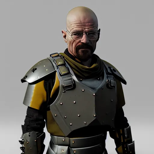 Image similar to Walter White wearing heavy military armor with a shield, highly detailed, 8k octane render