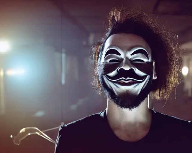 Image similar to man wearing guy fawkes mask doing science in large corporate laboratory, photo, cinematic lighting