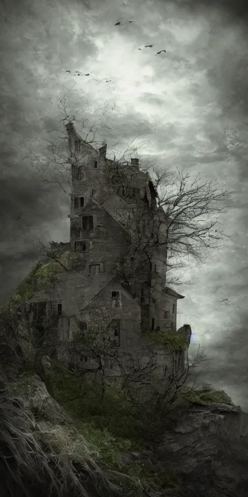 Prompt: A haunted house on a cliff, foreboding atmosphere