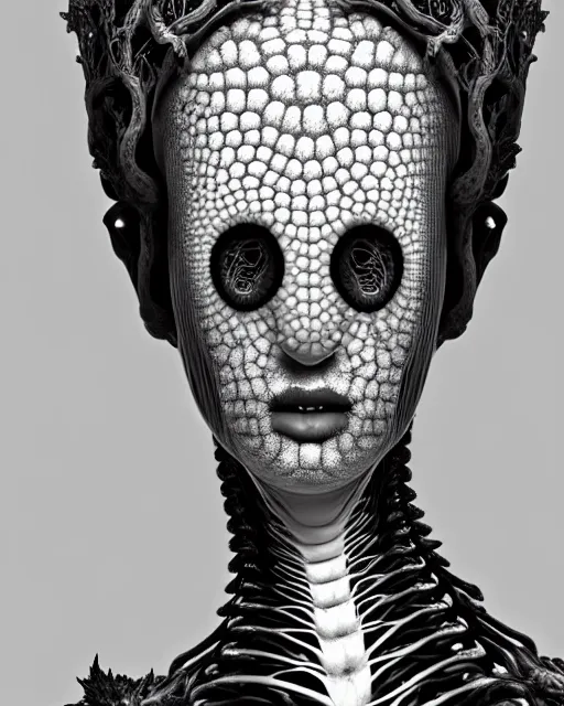 Image similar to a black and white high quality photo of a young beautiful female queen-vegetal-dragon-cyborg bust with a very long neck and Mandelbrot fractal face, Mandelbrot fractal skin, flesh, anatomical, facial muscles, veins, arteries, elegant, highly detailed, flesh highly baroque ornate, hair are wired cables, elegant, high fashion, rim light, octane render, in the style of Diane Arbus, Realistic, Refined, Digital Art, Highly Detailed, Cinematic Lighting, rim light, black and white, photo-realistic, 8K