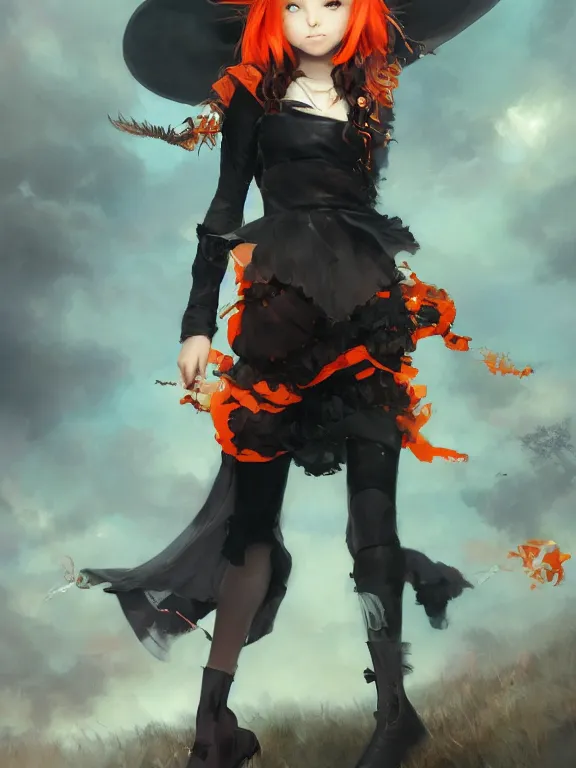 Image similar to Full shot of a cute mischievous young witch about to get up to some trouble. Latin inspired fashion. Black and Orange palette. By Ruan Jia and Artgerm and Range Murata and WLOP and CLAMP. Key Art. Fantasy Illustration. award winning, Artstation, intricate details, realistic, Hyperdetailed, 8k resolution.