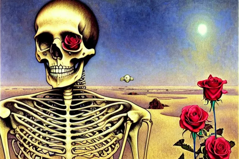 Image similar to realistic detailed portrait painting of a skeleton with a single rose in a dystopian desert by Jean Delville, Amano, Yves Tanguy, Alphonse Mucha, Ernst Haeckel, Edward Robert Hughes, Roger Dean, rich moody colours, blue eyes