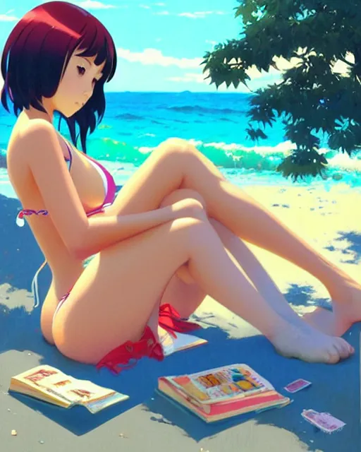 Prompt: very cute girl in bikini reading a book | very anime!!!, fine face, audrey plaza, realistic shaded perfect face, fine details. anime. strong realistic shaded lighting poster by ilya kuvshinov katsuhiro otomo ghost, magali villeneuve, artgerm, jeremy lipkin and michael garmash and rob rey