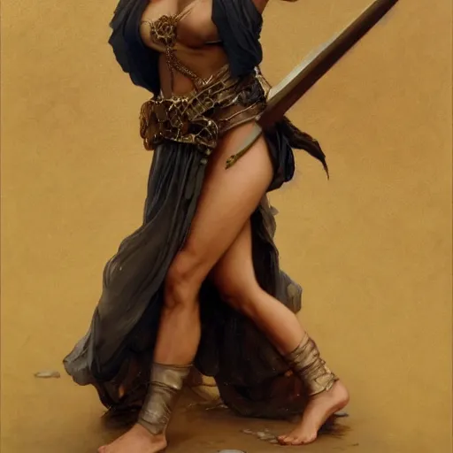 Image similar to A portrait of Salma Hayek wearing a chainmail bikini and holding an axe ,by Stanley Artgerm Lau, Greg Rutkowski, Thomas Kinade ,Alphonse Mucha, Loish, Norman Rockwell ,trending on artstation , rule of thirds, golden ratio ,HD 4k , focus face , body