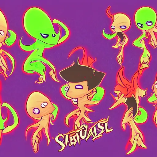 Image similar to official character sheets for a new vampire squid character, artwork in the style of splatoon from nintendo, colors by tim schafers black velvetopia art for psychonauts from double fine studios, black light rave, bright neon colors, spray paint, punk, tall thin build, adult character, fully clothed, colorful