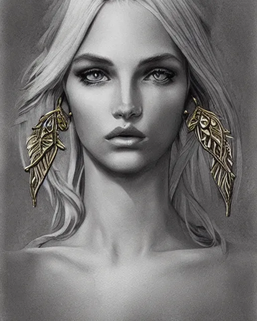 Prompt: tattoo sketch of blonde super model aphrodite greek goddess wearing a gold laurel wreath and triangle earrings, beautiful piercing gaze with sharp pupils, in the style of greg rutkowski, fantasy, amazing detail, epic, elegant, smooth, sharp focus, front view