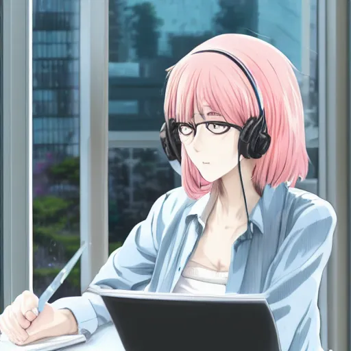 Prompt: high definition anime portrait of an anime girl with pastel colored hair sitting at a desk studying with headphones on, background is a window looking out into a busy Tokyo district, lo-fi art, masterpiece by Hirohiko Araki, trending on artstation, sharp high quality anime, digital art, photoshop, proportionate, ambient lighting, clear facial festures