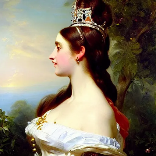 Image similar to beautiful painting of a queen by franz xaver winterhalter, highly detailed, vivid, romanticism, 1 8 6 0 s style art, high quality, elegant, fancy