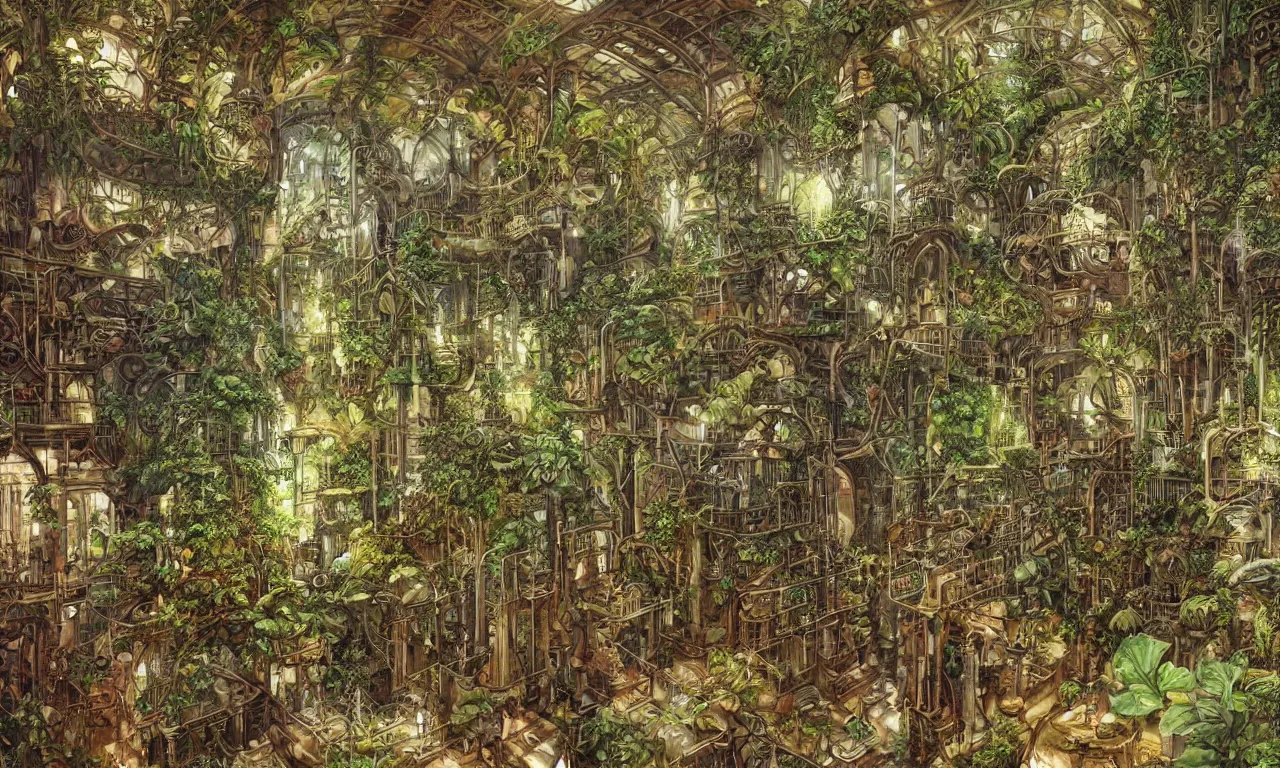 Prompt: Inside an enormous steampunk machine room with lush vegetation growing around the achines, tropical trees, large leaves, flowers, very detailed painting, hyperrealism, by Rebecca Guay
