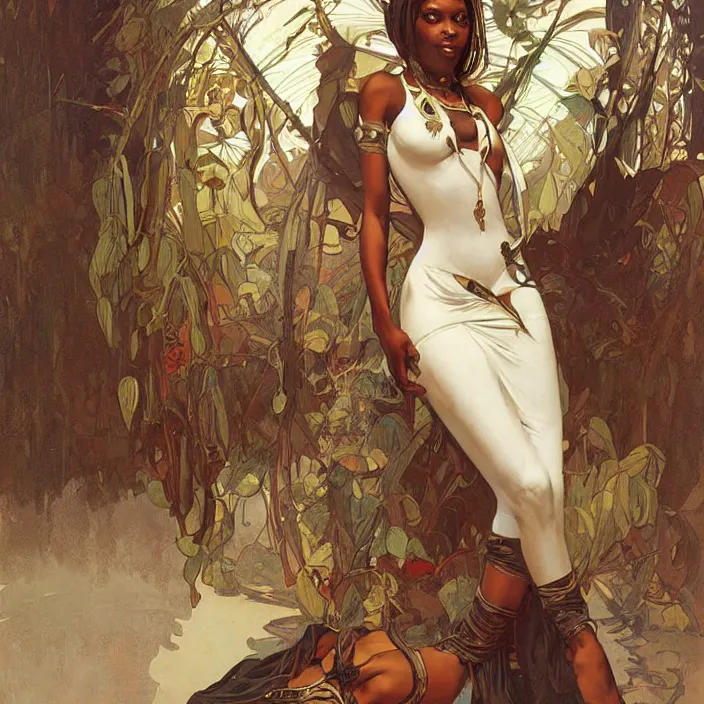 Image similar to african domme mistress, full body, dominatrix, tribal, smooth white tight clothe, ornate, very beautiful, concept art, realistic painting, digital art by greg rutkowski, by alphonse mucha