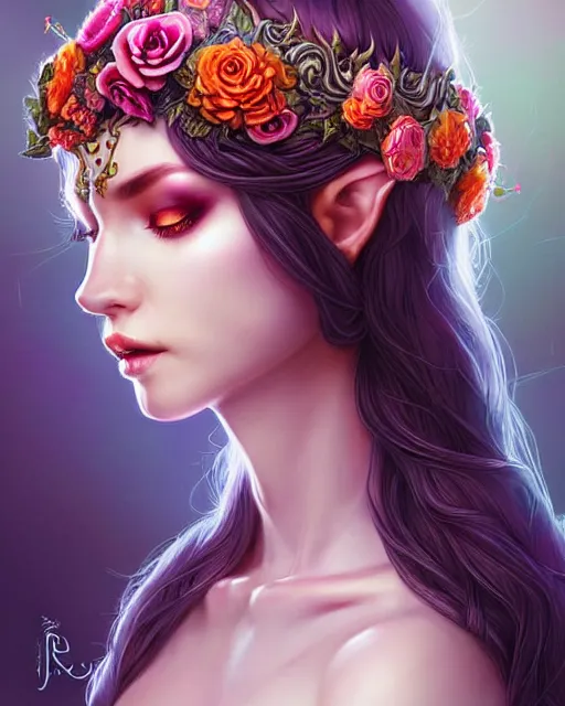 Image similar to digital art, centered full body elven bride, vivid flower crown ,intricate, veins, by James Jean and by artgerm, by ross tran , ultradetailed, charachter design, concept art, trending on artstation,