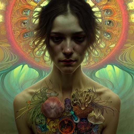 Image similar to An extremely psychedelic portrait, surreal, mushrooms, DMT, LSD, face, detailed, intricate, elegant, lithe, highly detailed, digital painting, artstation, concept art, smooth, sharp focus, illustration, art by Krenz Cushart and Artem Demura and alphonse mucha