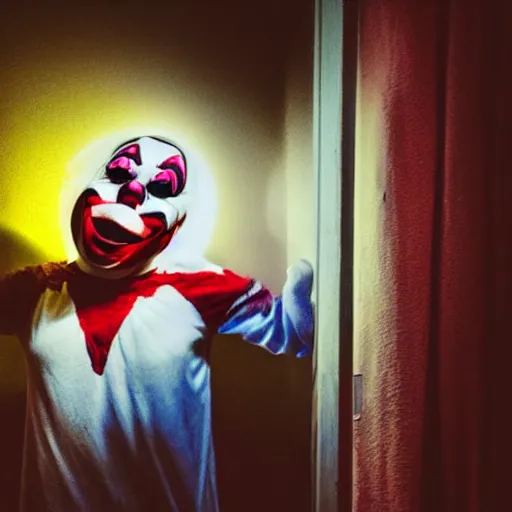 Prompt: creepy clown chasing you through your house at night