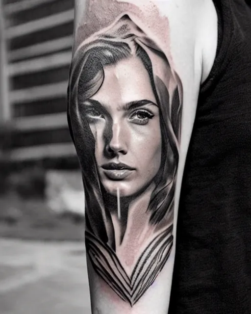 Image similar to creative double exposure effect tattoo design sketch of beautiful gal gadot faded with beautiful mountain scenery, realism tattoo, in the style of matteo pasqualin, amazing detail, sharp