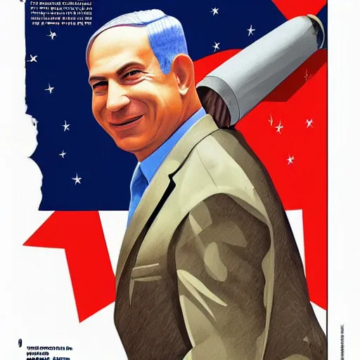 Image similar to a realistic portrait of benjamin Netanyahu holding a rocket missle in Vogue magazine, detailed face, highly detailed