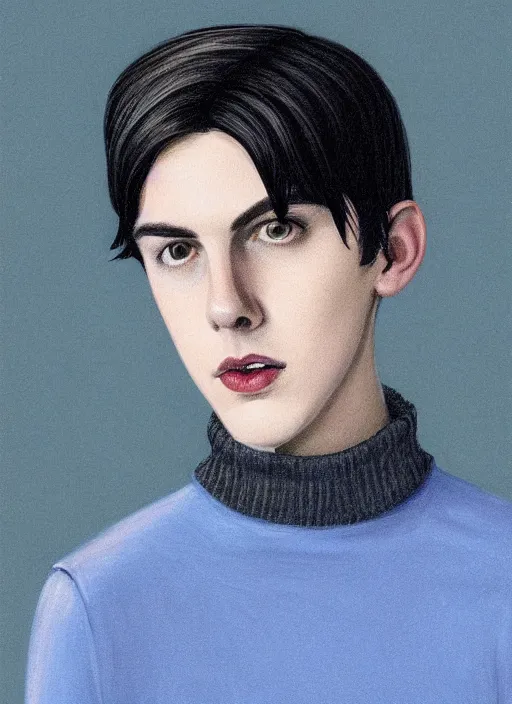 Image similar to portrait of teenage jughead jones wearing a light grey crown, crown, blue turtleneck, 1 9 5 0 s, closed eyes, photorealistic, black hair, glowing lighting, intricate, elegant, glowing lights, highly detailed, digital painting, artstation, concept art, smooth, sharp focus, illustration, art by wlop, mars ravelo and greg rutkowski