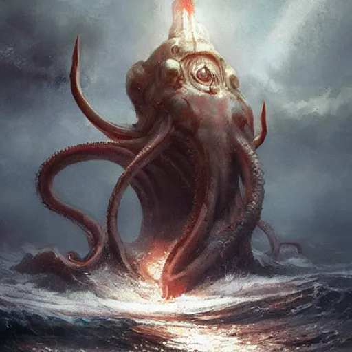 Image similar to a giant squid with bulging eyes, tentacles rising from the sea, exploded ship, magic the gathering art, art by greg rutkowski, fantasy rpg, league of legends