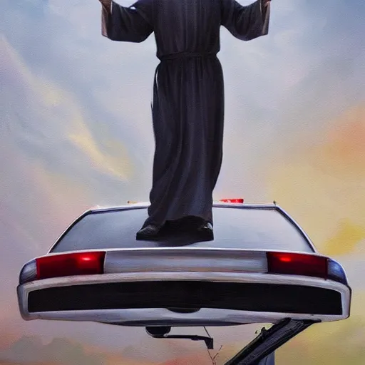 Image similar to hyperrealism painting of jesus christ standing on top of a police car in a police chase