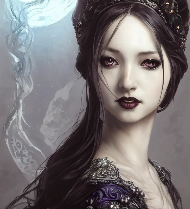 Image similar to portrait of of young beautiful female princess, d & d, centered face, gothic dress, elegant, shiny lips, flat lighting, intricate, highly detailed, digital painting, artstation, concept art, smooth, sharp focus, illustration, closeup, misa amane, art by simon bisley and greg rutkowski and alphonse mucha, natural tpose