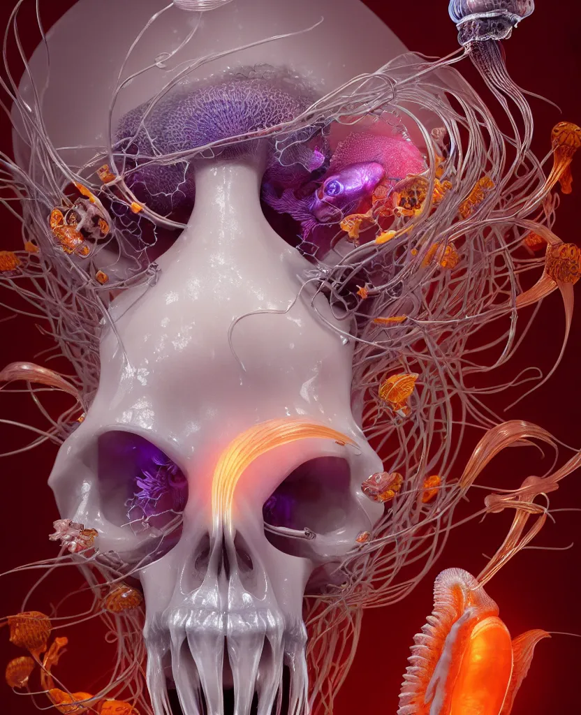 Image similar to goddess close-up portrait ram skull. jellyfish phoenix head, nautilus, orchid, skull, betta fish, bioluminiscent creatures, intricate artwork by Tooth Wu and wlop and beeple. octane render, trending on artstation, greg rutkowski very coherent symmetrical artwork. cinematic, hyper realism, high detail, octane render, 8k