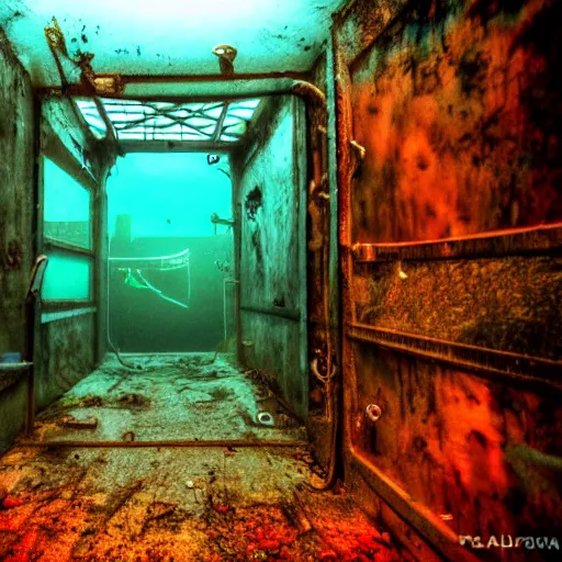 Image similar to abandoned rusty underwater theme park, surreal, horror, eerie, creepy, murky water, underwater, underwater photography, dark, submechanophobia, animatronics,