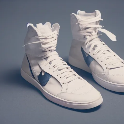 Image similar to a studio photoshoot of A Nike high top sneaker designed by Virgil Abloh, leather and suede, Off-White, realistic, color film photography by Tlyer Mitchell, 35 mm, graflex