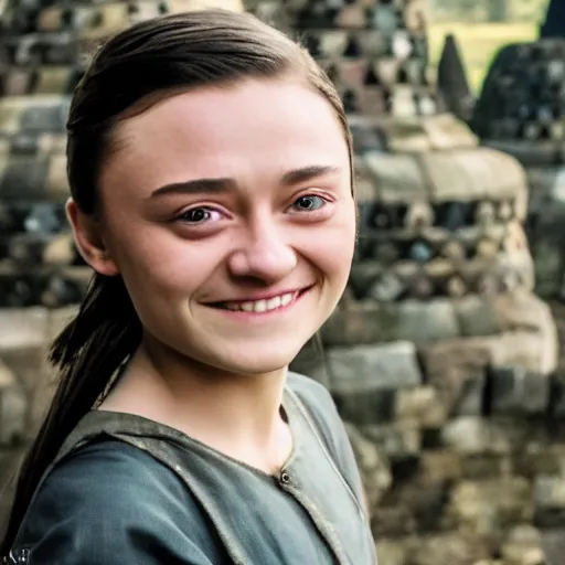 Image similar to elegant smiling happy arya stark, 1 4 years old, photograph 3 5 mm, shot from game of thrones, at borobudur, artstation