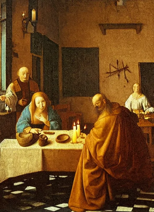 Prompt: a candlelit table at the inn, two people sitting at the table, swirling smoke, dark smoke, realistic, in the style of leonardo da vinci, dutch golden age, amsterdam, medieval painting by jan van eyck, johannes vermeer, florence