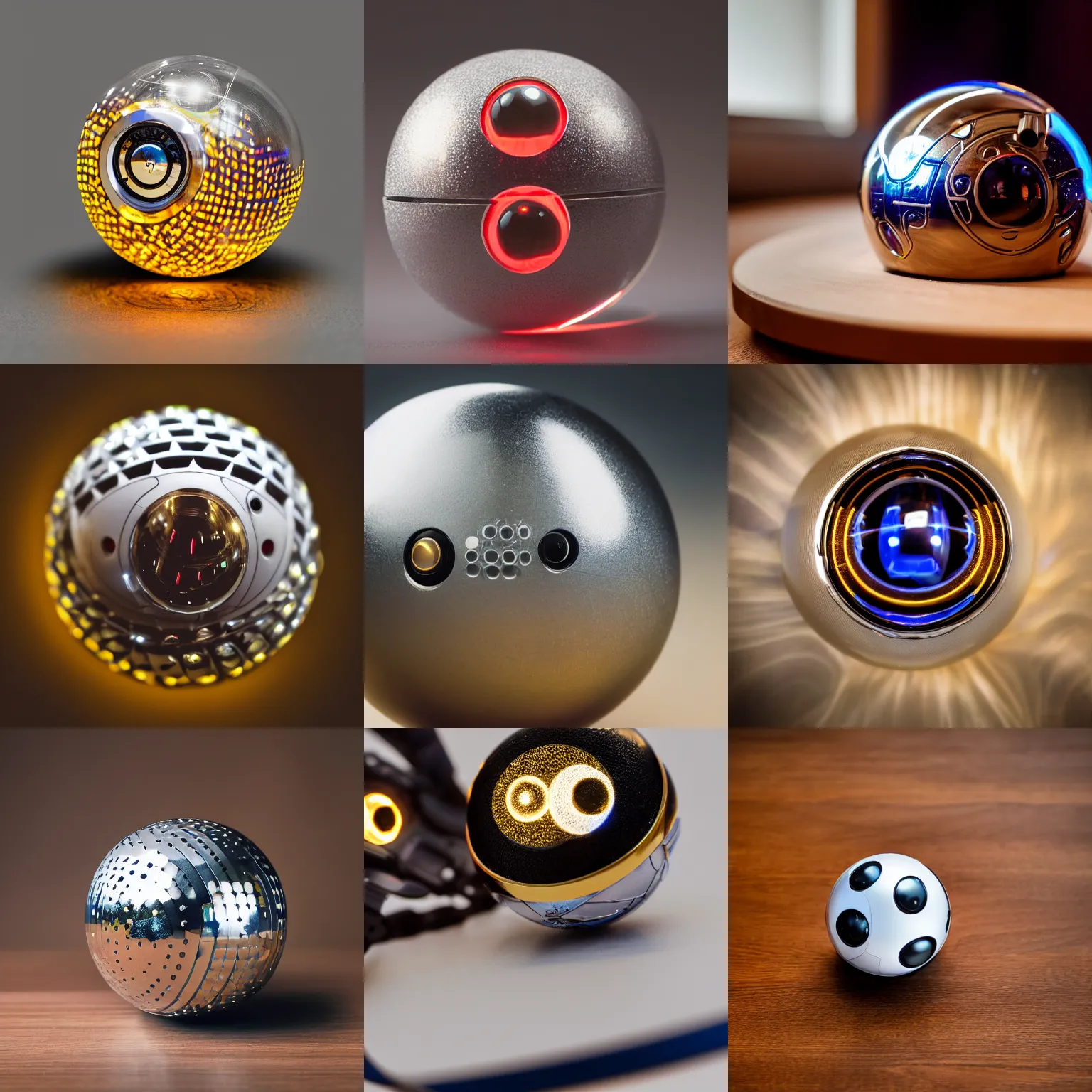 Prompt: A studio photograph of a high-tech futuristic intricate engraved chrome Poké Ball with LEDs and wooden inlays with golden threading, XF IQ4, 150MP, 50mm, F1.4, ISO 200, 1/160s, natural light, Adobe Lightroom, photolab, Affinity Photo, PhotoDirector 365