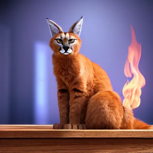 Prompt: wide-angle photo of fluffy cute caracal sitting on a chair in a room, flames of fire at background, octane render, 3d, 8k, hd, studio light