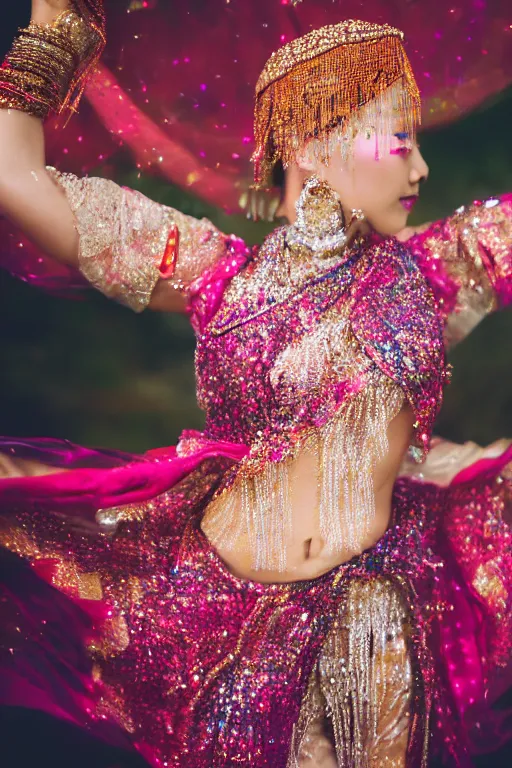 Image similar to photo of a beautiful asian woman fully dressed in clothes made out of jewels while dancing in the middle of a river, low light, , golden hour, highly detailed, 8k