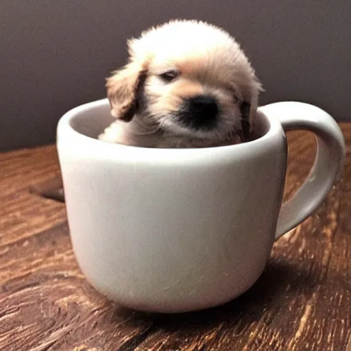 Prompt: extremely tiny puppy in a mug