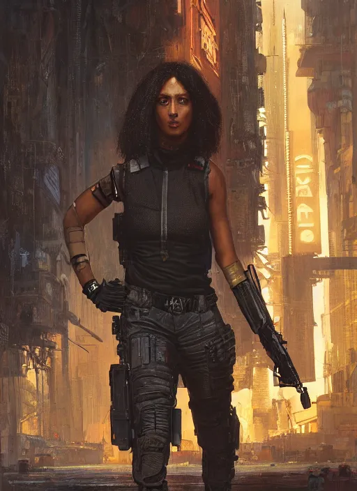 Prompt: 👩🏾🏭. cyberpunk mercenary in a military vest ( blade runner 2 0 4 9, cyberpunk 2 0 7 7 ). orientalist portrait by john william waterhouse and james gurney and theodore ralli and nasreddine dinet, oil on canvas. cinematic, hyper realism, realistic proportions, dramatic lighting, high detail 4 k