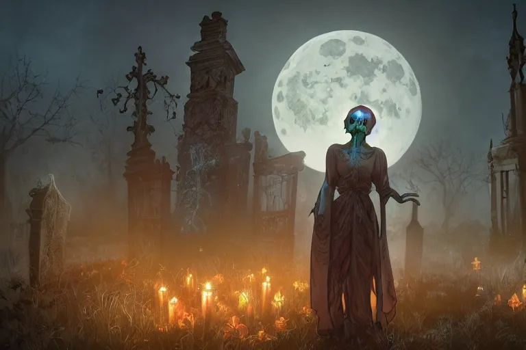 Image similar to an ultra detailed animation of a glowing ghoul in a graveyard at midnight on halloween, digital art, dark fantasy, concept art, soulslike, by alphonse mucha, blood moon eclipse, ruined building in the background, artstation, 8 k, unreal engine render