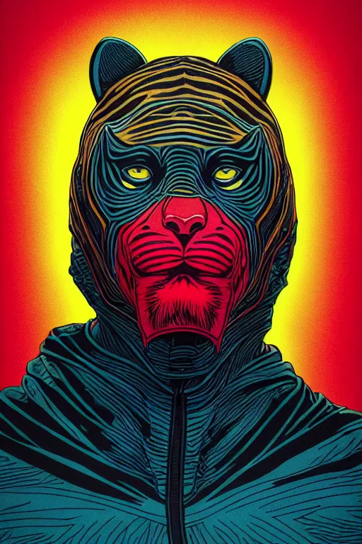 Prompt: a vibrant ultraclear waist up sideview portrait of tiger wearing black cape hoodie by laurie greasley and kilian eng and josan gonzalez and rene magritte, ( ( etching by gustave dore ) ), colorful flat surreal, ethereal, intricate, sharp focus, illustration, highly detailed, digital painting, concept art, masterpiece