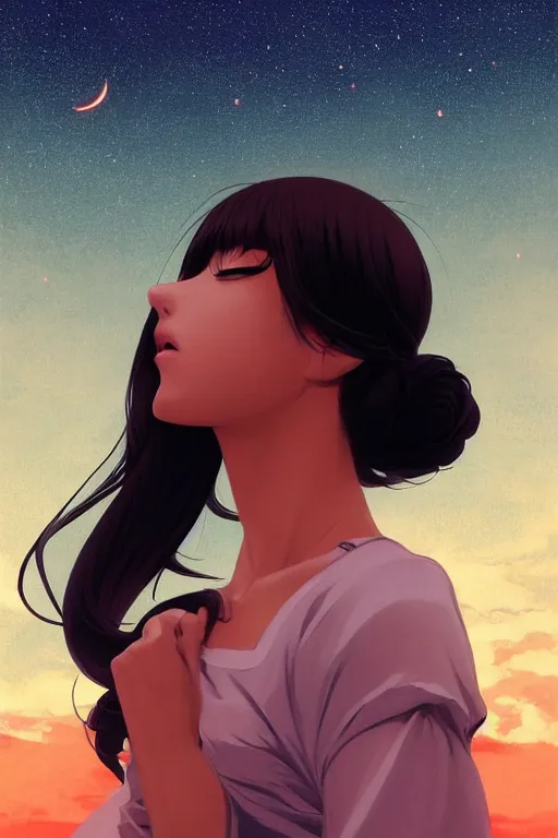 Image similar to a girl looking up at the night sky in awe, full shot, fine - face, realistic shaded perfect body, fine details. night setting. very anime style. realistic shaded lighting poster by ilya kuvshinov katsuhiro, magali villeneuve, artgerm, jeremy lipkin and michael garmash, rob rey and kentaro miura style, trending on art station